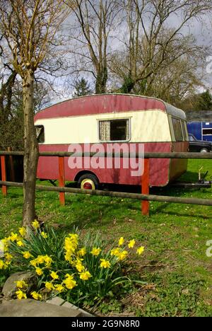 Vintage Caravan, 1950`s Museum, Denbigh, Nordwales, Stockfoto